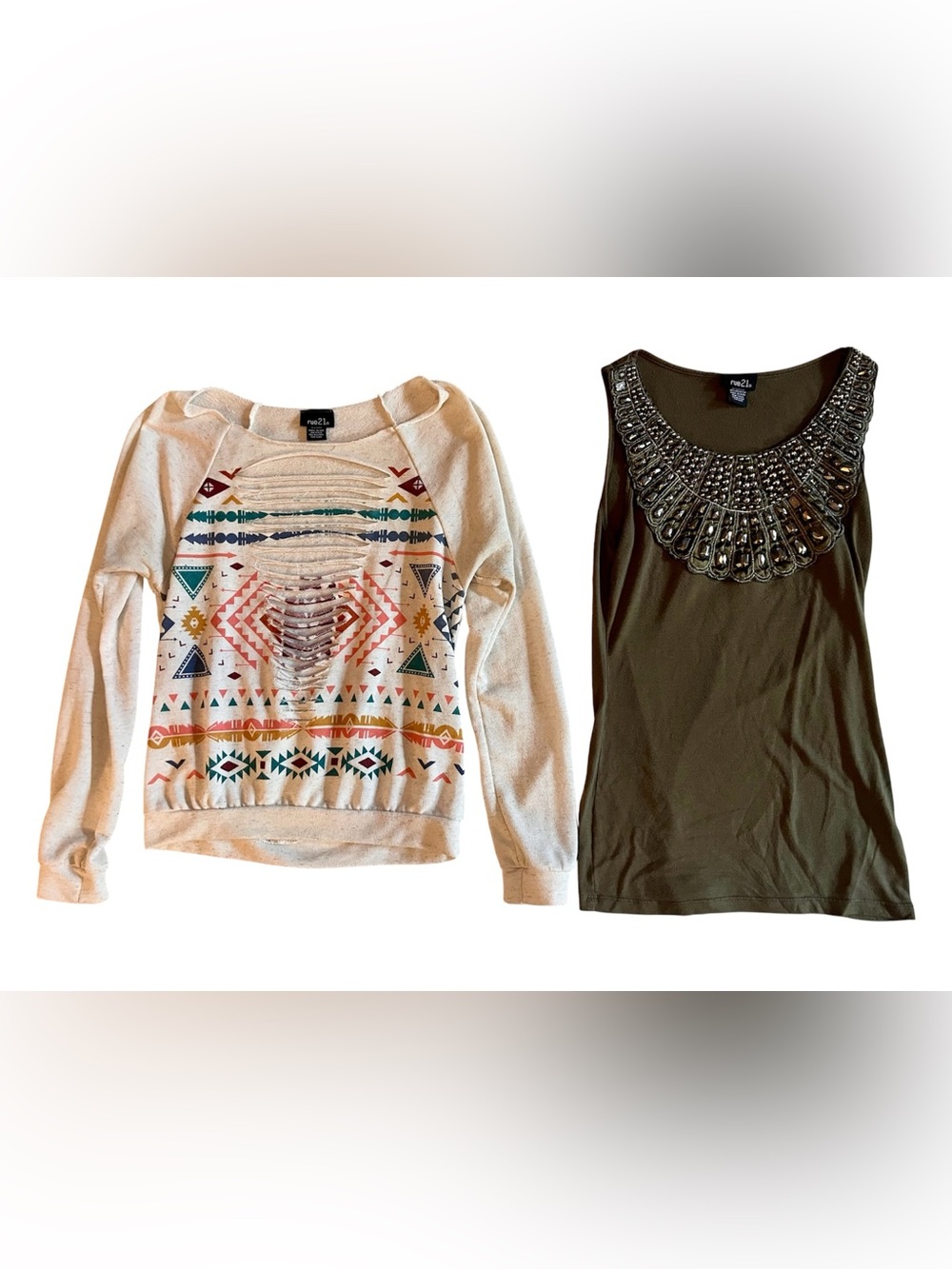 Rue21 Aztec Distressed Crewneck Shirt and Bejeweled Tank Top